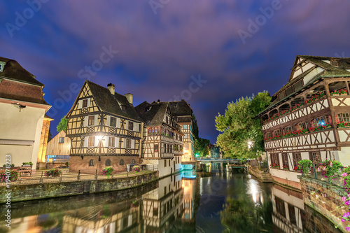 Strasbourg Half Timber House night city skyline with Ill river, Strasbourg, France 4K Time lapse