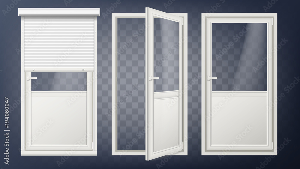 Plastic Glass Door Vector. White Roller Shutter. Opened And Closed. Roll Up Shutter. Isolated On Transparent Background Illustration Plastic Glass Door Vector. White Roller Shutter. Opened And Closed. Roll Up Shutter. Isolated On Transparent Background Illustration