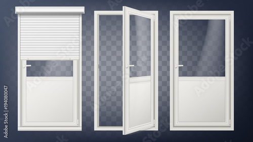 Plastic Glass Door Vector. White Roller Shutter. Opened And Closed. Roll Up Shutter. Isolated On Transparent Background Illustration