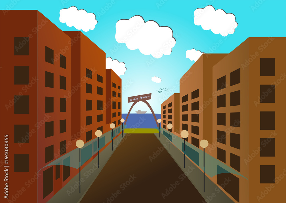 vector image of empty road to the sea through a colorful city in perspective,  empty beach.