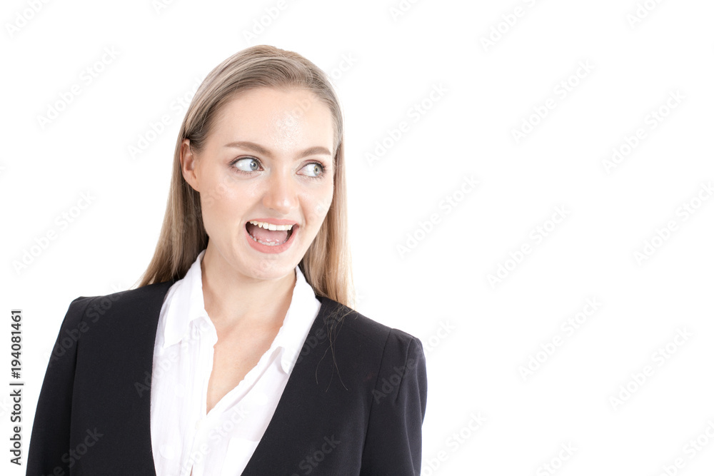 Business woman looking to blank space with excited emotion. Business woman looking to blank space with excited emotion.