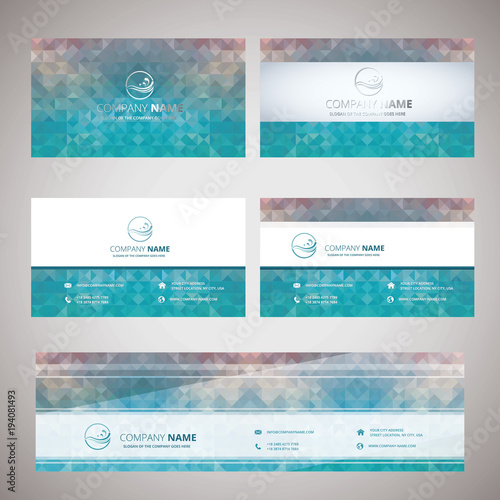 business cards with blue geometric shapes