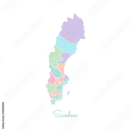 Sweden region map: colorful with white outline. Detailed map of Sweden regions. Vector illustration.