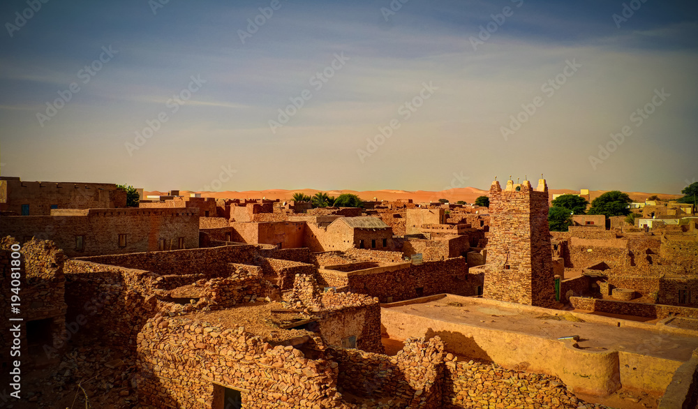 Aerial panoramic view to Chinguetti mosque, one of the symbols of Mauritania