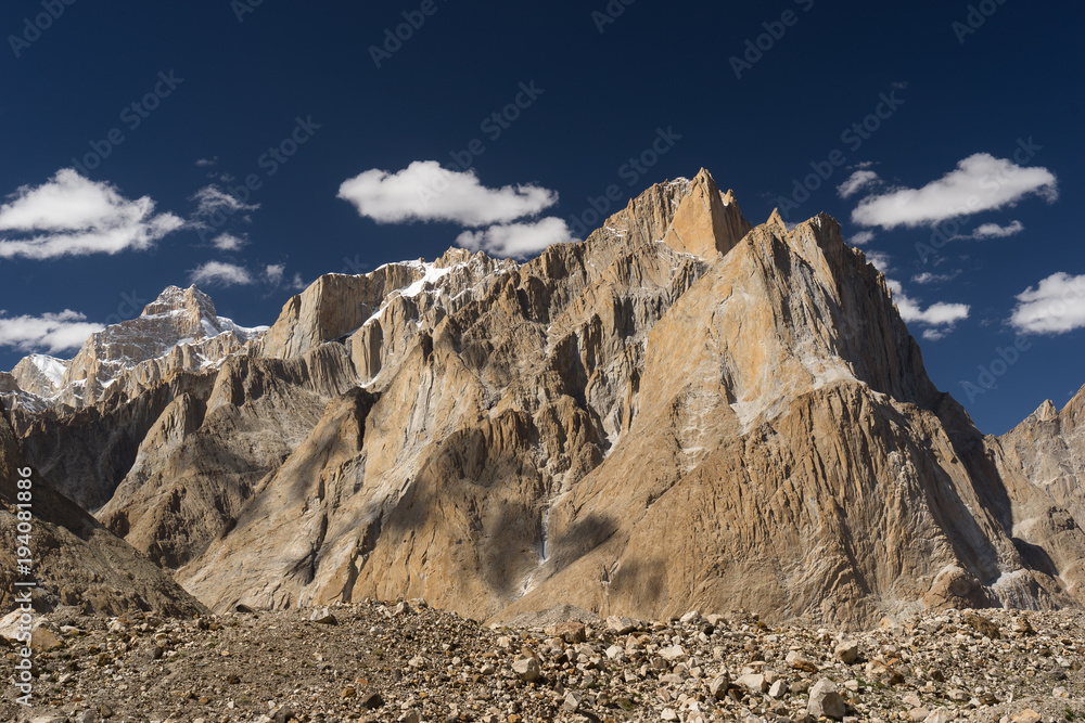 Great Trango tower and Cathedral tower cliff at Khobutse camp, K2 trek, Pakistan