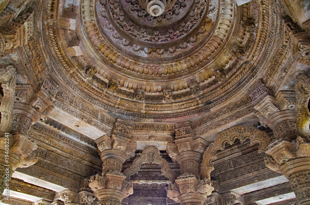 Carved ceiling of the Sun Temple. Built in 1026 - 27 AD during the reign of Bhima I of the Chaulukya dynasty, Modhera, Mehsana,  Gujarat