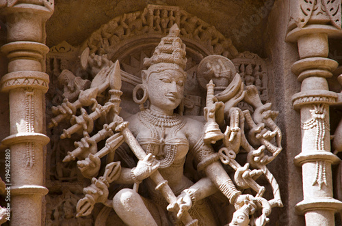 Carved idol of Mahishasuramardini on the inner wall of Rani ki vav, an intricately constructed stepwell on the banks of Saraswati River. Patan, Gujarat, India