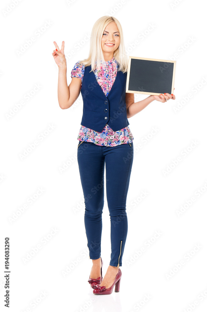 Full length portrait of young business woman with small blackboard posing on white background Full length portrait of young business woman with small blackboard posing on white background