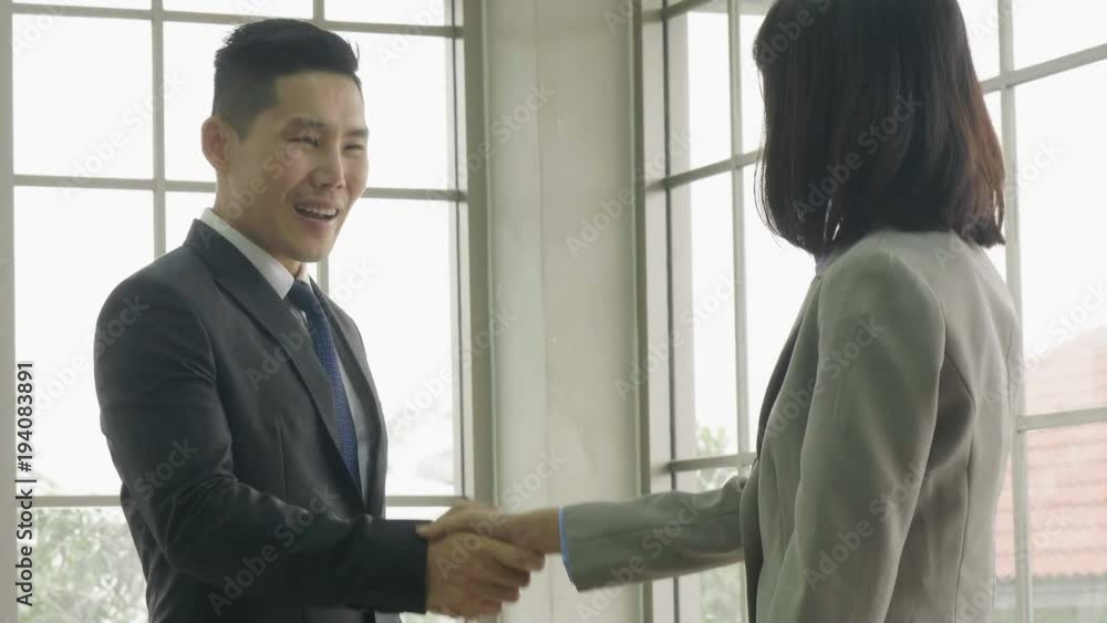 Male and female business handshake agreement. Male and female business handshake agreement.