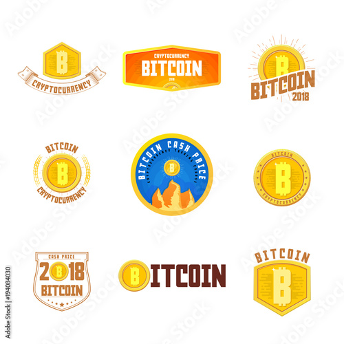 Bitcoin bage set. Digital money. Blockchain, finance symbol. Cryptocurrency logo sign.
