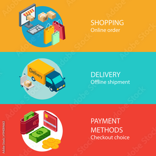 Internet delivery, payment concept, set of isometric icons, order of delivery, process check and vector web banners, print materials, sales website, collection items, vector illustration