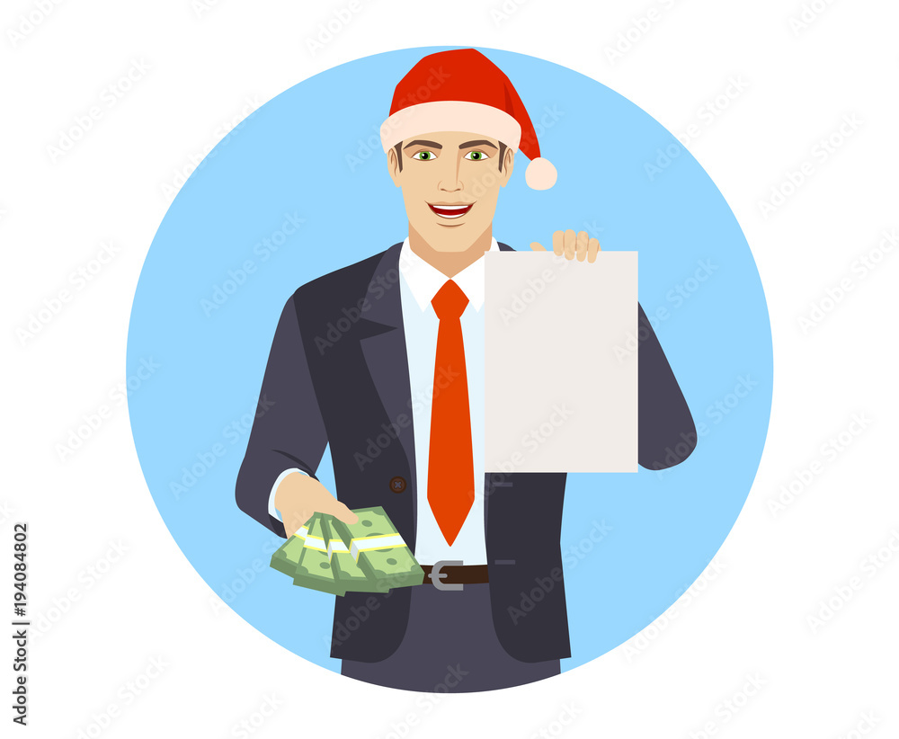 Businessman in Santa hat with money showing the paper Businessman in Santa hat with money showing the paper
