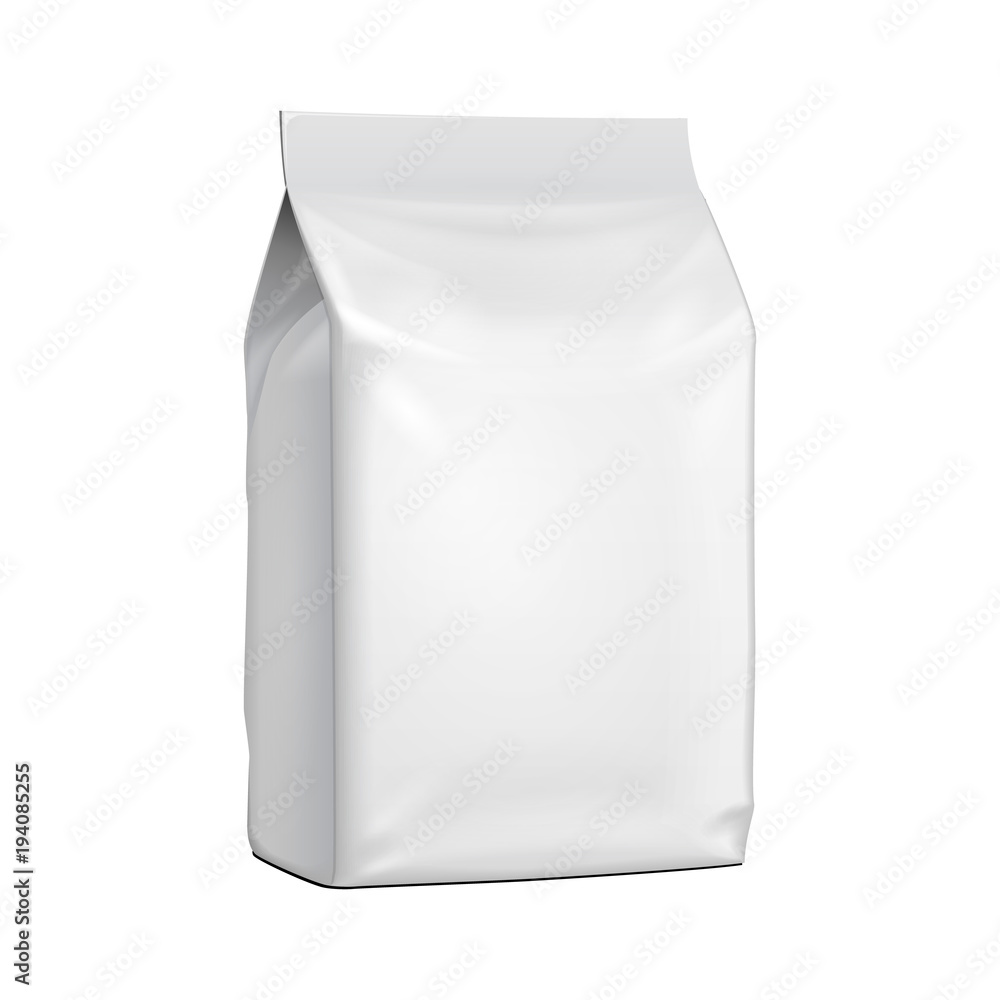 Blank Stand Up Pouch Snack Sachet Bag. Mock Up, Template. Illustration Isolated On White Background. Ready For Your Design. Product Packaging. Vector EPS10 Blank Stand Up Pouch Snack Sachet Bag. Mock Up, Template. Illustration Isolated On White Background. Ready For Your Design. Product Packaging. Vector EPS10
