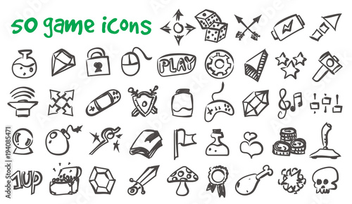 vector doodle game icons set