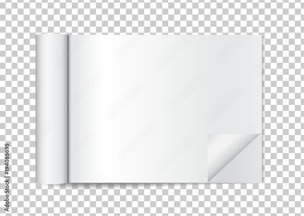 Realistic blank open magazine with rolled white paper pages on transparent background. Empty booklet, catalog template, mock up. Vector book, journal, brochure with curl back sheets for your design Realistic blank open magazine with rolled white paper pages on transparent background. Empty booklet, catalog template, mock up. Vector book, journal, brochure with curl back sheets for your design