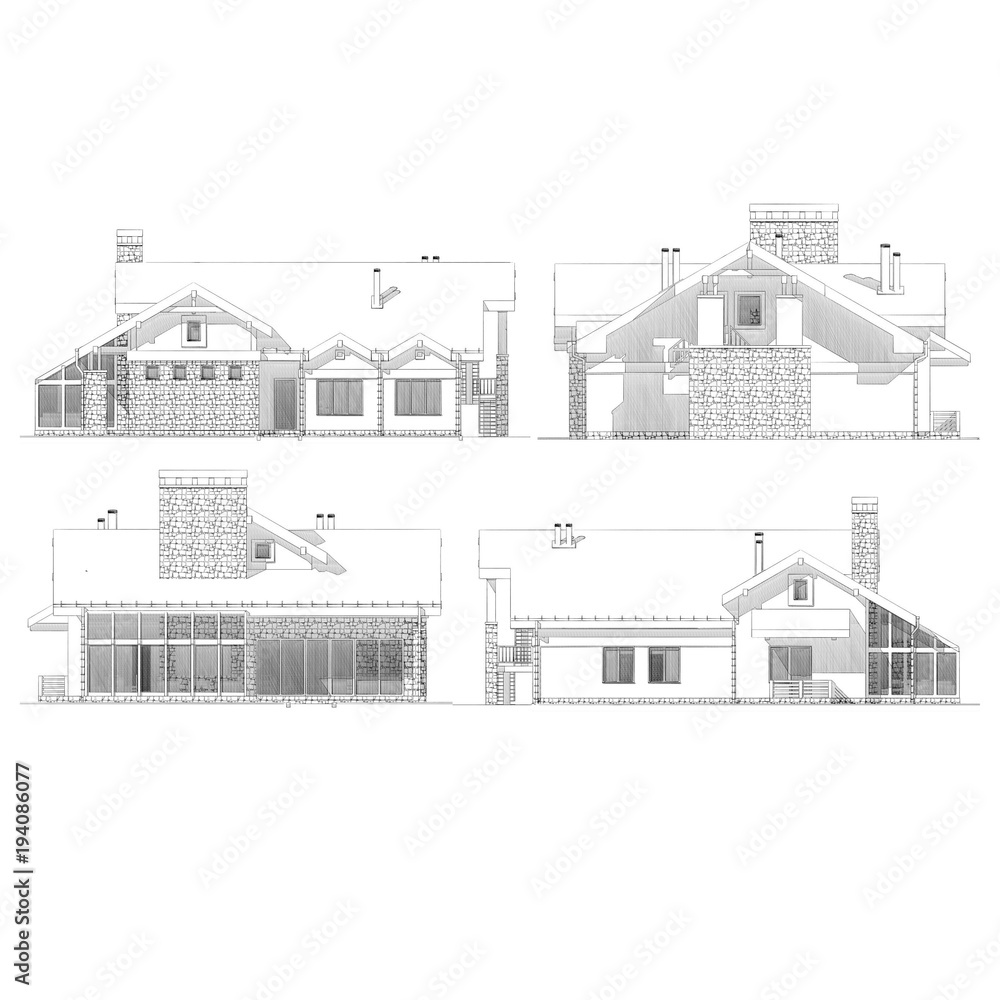 3d pencil sketch illustration of a modern private house, four different points of view - facade and back yard.
