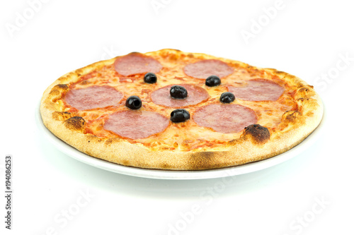 Pizza pepperoni with salami cheese and olives