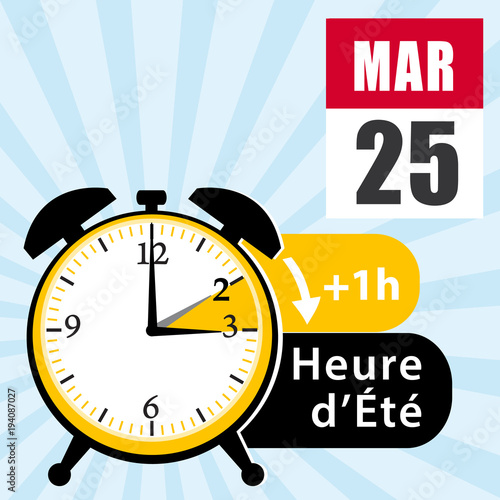 Dimanche 25 mars 2018. Passage à l'heure d'été. Changement d'heure. illustration vectorielle avec date sur calendrier. Fond bleu.