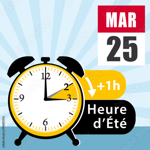 Dimanche 25 mars 2018. Passage à l'heure d'été. Changement d'heure. illustration vectorielle avec date sur calendrier. Tons bleus.