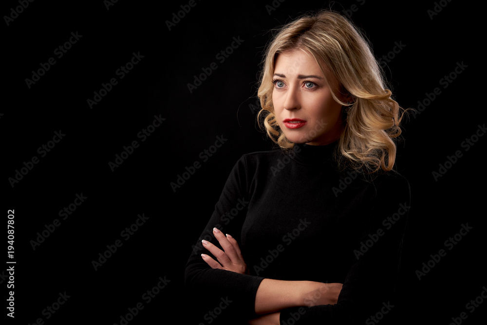 cute sad woman in black turtle neck shirt cute sad woman in black turtle neck shirt