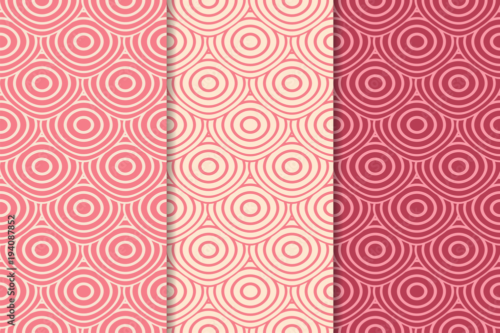 Cherry red geometric ornaments. Set of seamless patterns Cherry red geometric ornaments. Set of seamless patterns