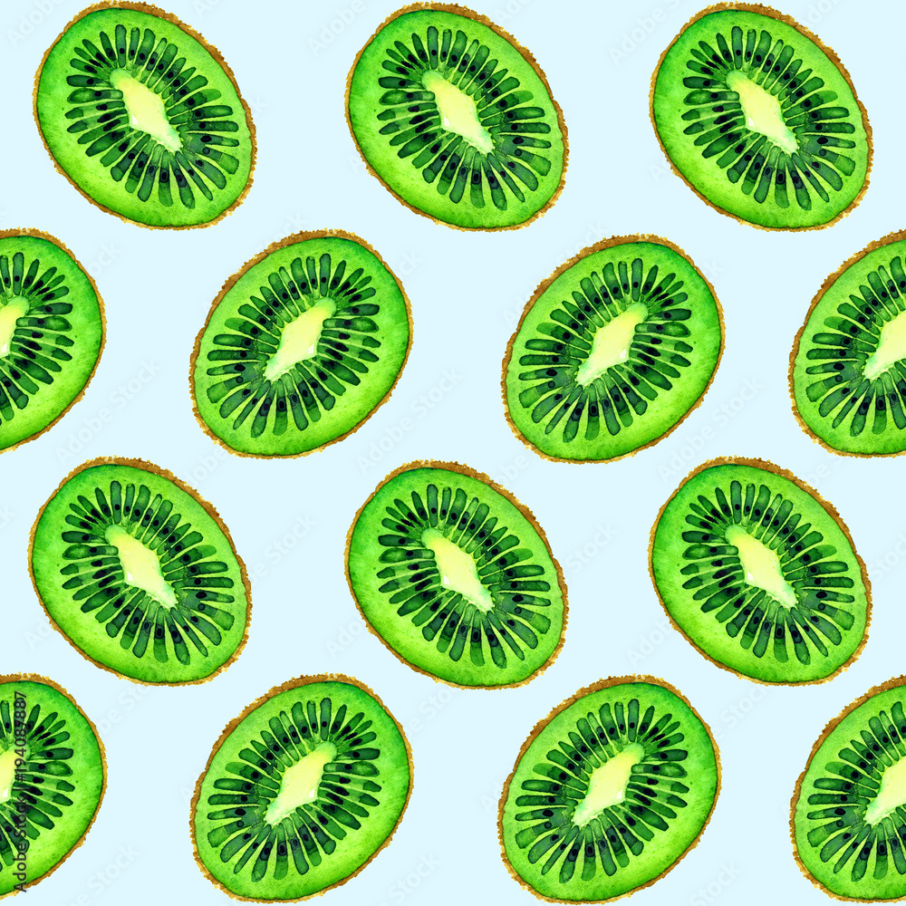 Fototapeta premium Kiwifruits halves slices, seamless pattern design, hand painted watercolor illustration, soft blue background