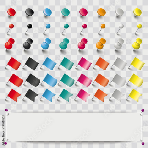 Colored Pins Flags Tacks Set Banner Shadows Transparent