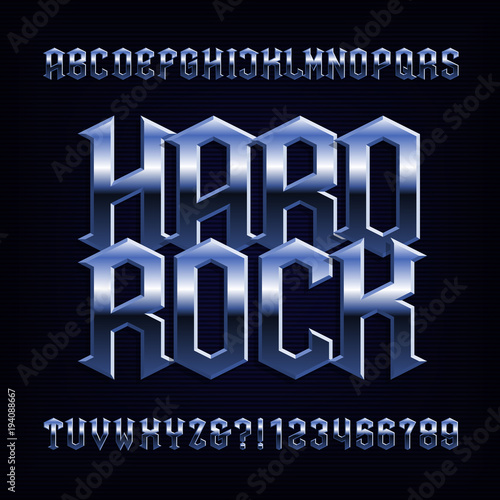 Hard rock alphabet font. Metal effect letters, numbers and symbols. Stock vector typeface for your design.