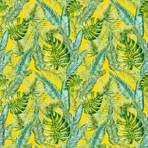 Fototapeta Naklejka Na Ścianę i Meble -  Watercolor hand-drawn seamless pattern (texture) with tropical leaves on yellow background