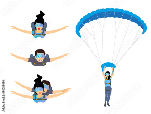 Set of skydivers parachutist characters. Skydiver man and woman flying. Tandem skydiving. Vector illustration isolated on white background