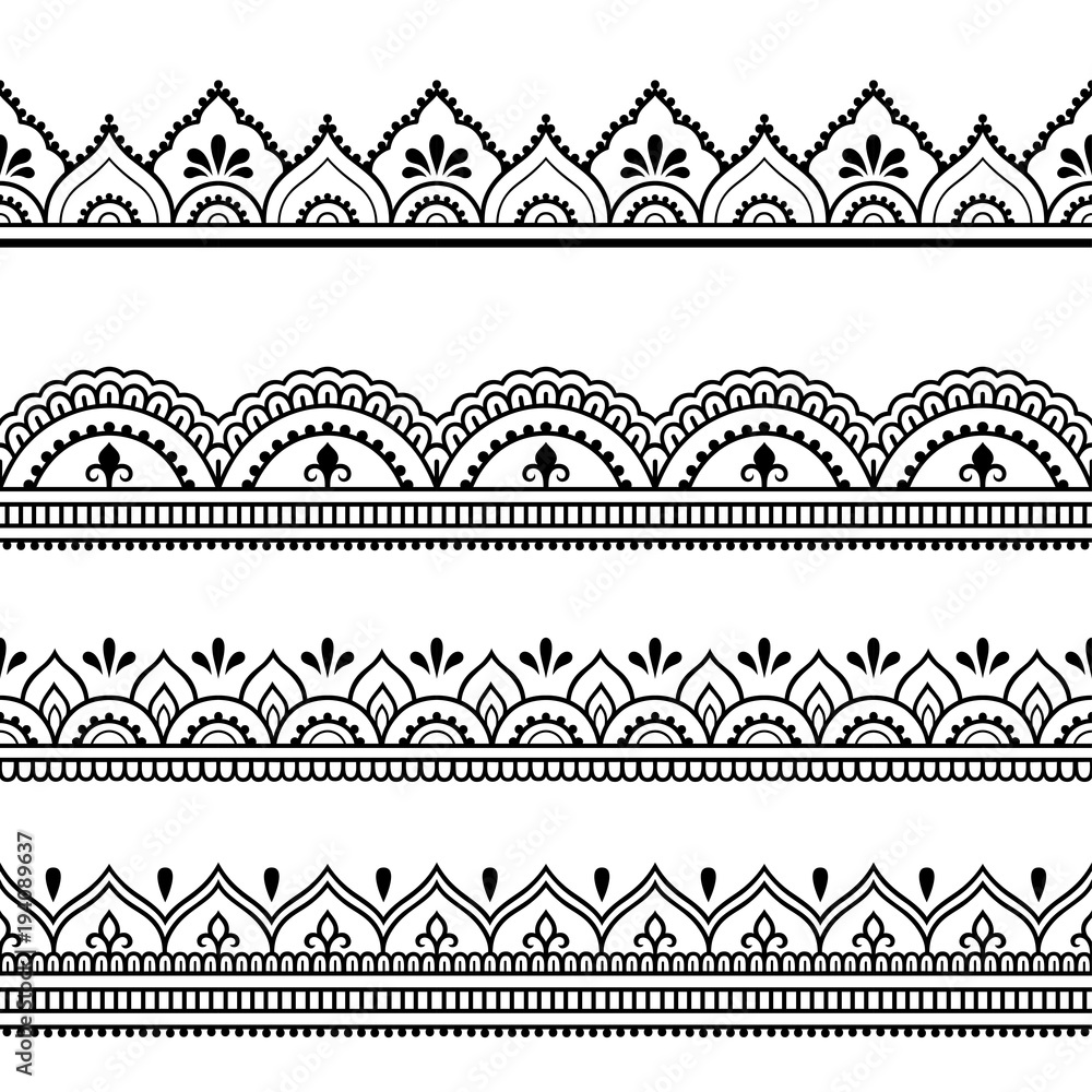 Set of seamless borders for design and application of henna. Mehndi