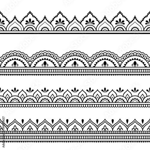 Set of seamless borders for design and application of henna. Mehndi style. Decorative pattern in oriental style.