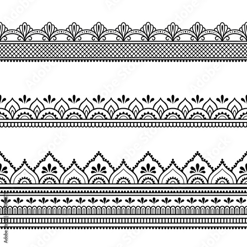 Set of seamless borders for design and application of henna. Mehndi style. Decorative pattern in oriental style.