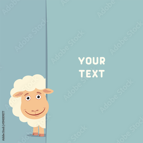 Funny sheep looks out over the fields to text. Template with sheep for cards, invitations or greetings