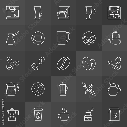 Coffee vector outline icons on dark background