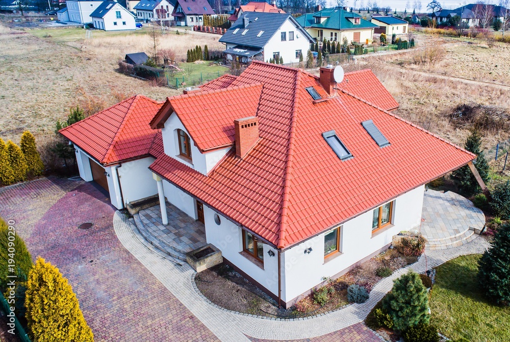 Aerial drone view on single family house