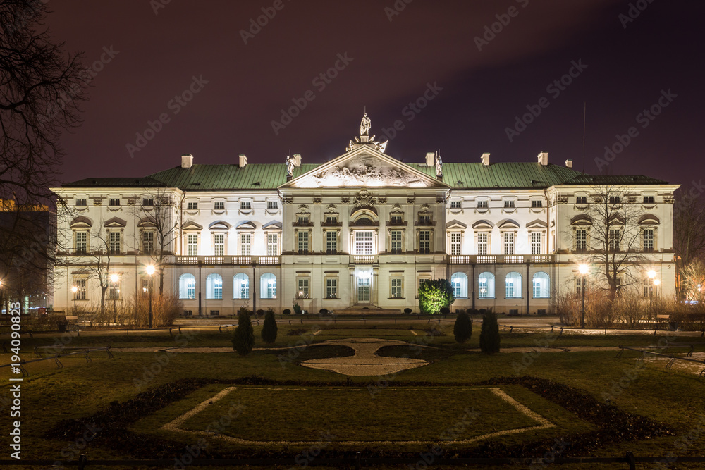 Baroque Krasinski Palace at night in Warsaw, Poland