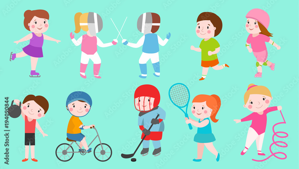 Sport kids characters boys and girls vector sportsmen play games kids activity children playing