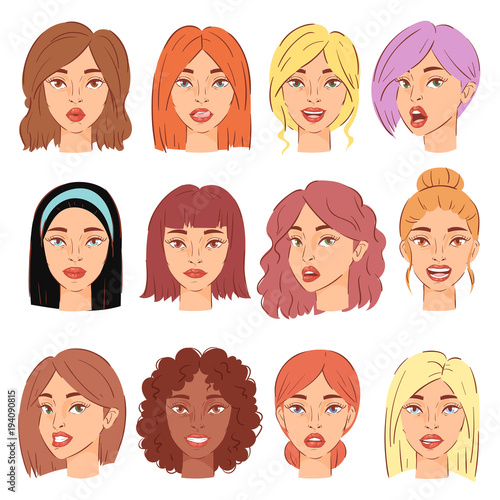 Woman portrait vector female character face of girl with hairstyle and cartoon person illustration set of beautiful facial features isolated on white background