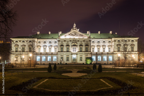 Baroque Krasinski Palace at night in Warsaw, Poland