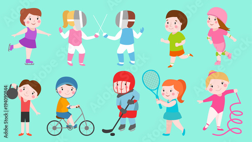 Sport kids characters boys and girls vector sportsmen play games kids activity children playing various sports games hockey, football, gymnastics, fitness, tennis, basketball, roller skating, bike