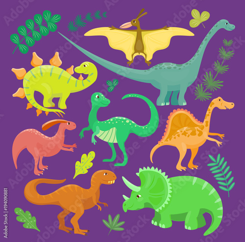 Dinosaur vector kid hand drawn cartoon style collection set illustration. Dino reptile cute monster funny animal and prehistoric character tyrannosaurus, brontosaurus, triceratops fantasy dinosaurs © partyvector