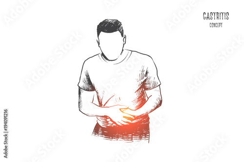 Gastritis concept. Hand drawn man suffering stomach ache. Concept of healthcare and medicine isolated vector illustration.