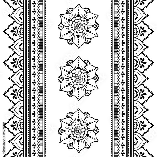 Henna tattoo flower template and seamless border. Mehndi style. Set of ornamental patterns in the oriental style.