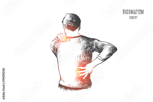 Rheumatism concept. Hand drawn man suffering from back and neck pain. Muscle spasm, rheumatism isolated vector illustration.