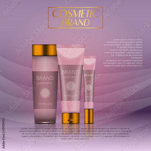 Vector 3D cosmetic illustration on a soft light waves background . Beauty realistic cosmetic product design template.
