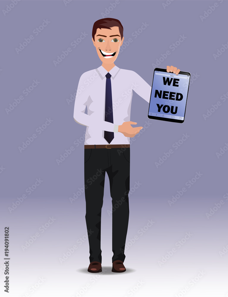 Funny Guy with tablet with text We need you and free blank space for your text Funny Guy with tablet with text We need you and free blank space for your text