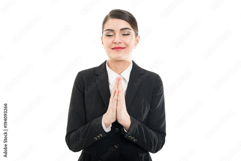 Portrait of beautiful female holding palms like praying Portrait of beautiful female holding palms like praying