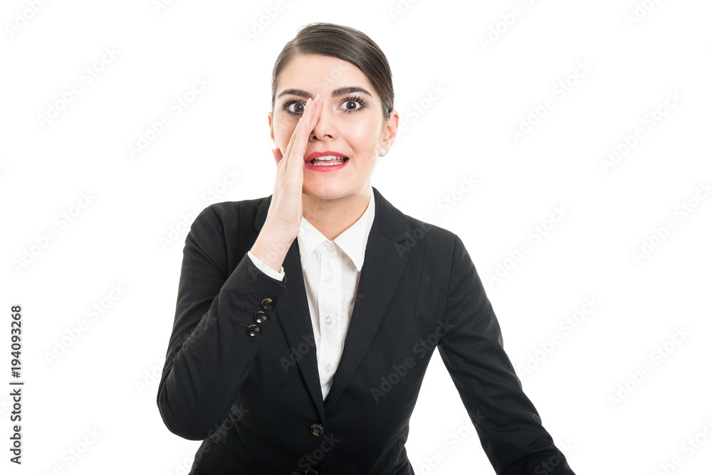 Portrait of beautiful female whispering something Portrait of beautiful female whispering something