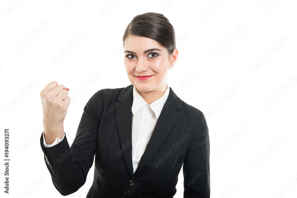 Portrait of beautiful female flight holding fist Portrait of beautiful female flight holding fist